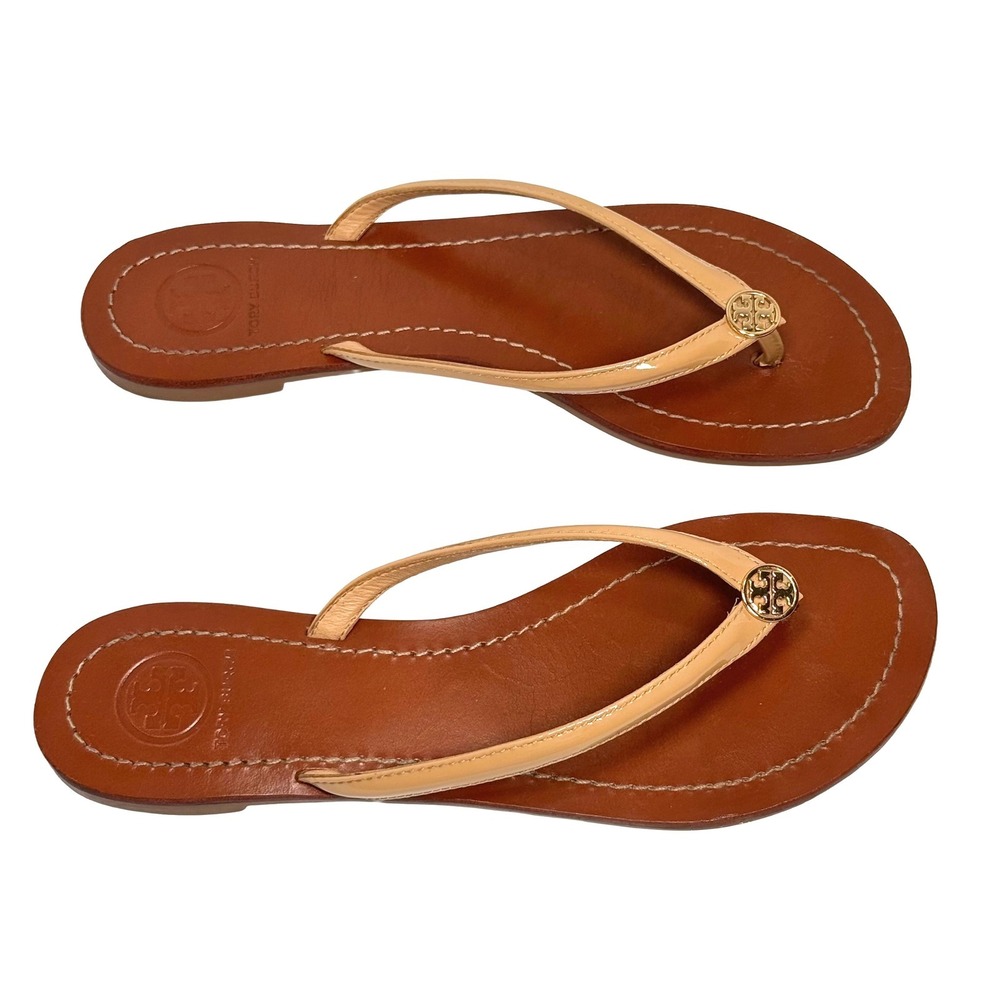 Tory Burch Terra Thong Patent Leather Sandals Nude Gold Logo Flip Flops Flat 7M - Picture 4 of 13